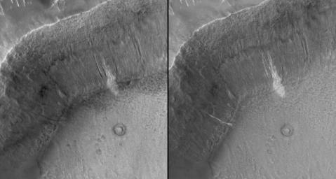 Une ravine rcente dans un cratre de Terra Sirenum (60 ko)