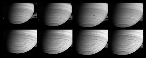 Fusion de deux temptes dans l'atmosphre de Saturne (58 ko)