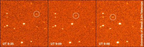 Trois images de la dcouverte du satellite de S/2000 J8 (64 ko)