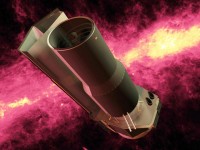Reprsentation du tlescope Spitzer sur fond d'une Voie lacte infrarouge (68 ko)